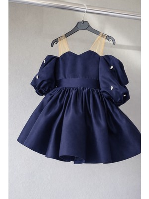 Musgem Özel Tasarım Lacivert Tül Askılı Taş Detaylı Balon Kol Kız Çocuk Abiye Elbise