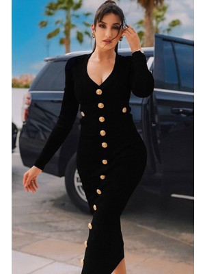 Maison Meda Kadın Siyah Gold Düğmeli Fitilli Triko Takım