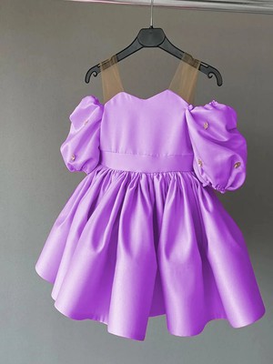 Musgem Özel Tasarım Lila Tül Askılı Taş Detaylı Balon Kol Kız Çocuk Abiye Elbise