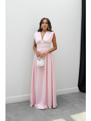 Havoş Pembe Derin V Yaka Belden Oturtmalı Elbise