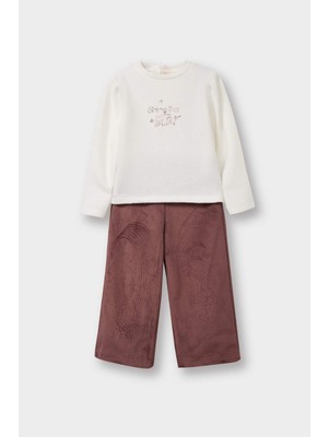 DeFacto 2'li Takım Baskılı Sweatshirt Süet Pantolon Kız Bebek G5713A525WN