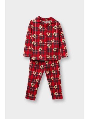 DeFacto Pijama Takımı Kareli Ayıcıklı Uzun Kollu Üst Uzun Alt Kız Bebek G7499A525WN