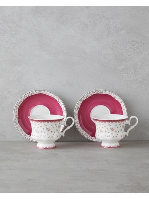 English Home Florana New Bone China 4 Parça 2 Kişilik Çay Fincanı Takımı 220 ml Koyu Pembe