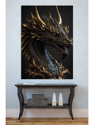 Mgi Design Altın Detaylı Siyah Ejderha Kanvas Tablo Lüks Temalı Duvar Sanatı Salon Ofis Dekoru