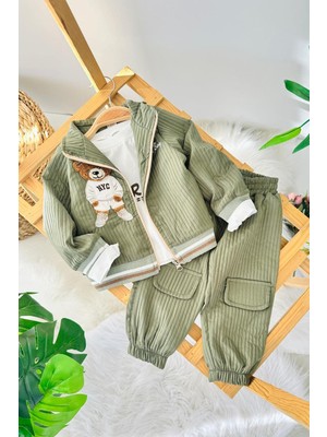 Miniğimin Cicileri Bear Panç Işleme Detaylı Erkek Bebek 3 Lü Spor Takım - Yeşil