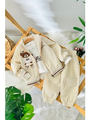Miniğimin Cicileri Bear Panç Işleme Detaylı Erkek Bebek 3 Lü Spor Takım - Ekru