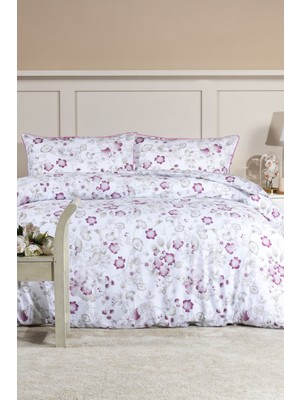 Elart Rose Nevresim Takımı King Size Battal Boy Digital Baskılı %100 Pamuk Saten Dantelli (240X220 Cm) Pudra