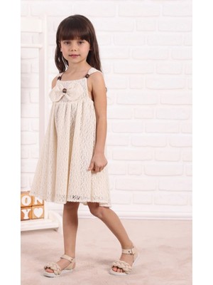 Queen Kids Queenkids Kız Çocuk M0789 Dantel Elbise Bej
