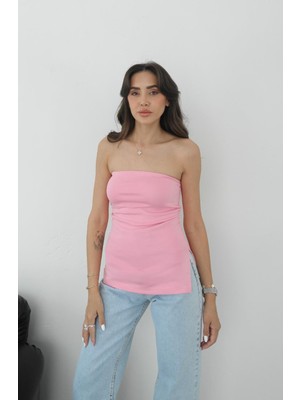 Havoş Pembe Büzgü Detaylı Straplez Bluz