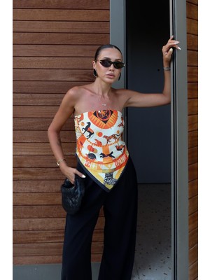 Havoş Turuncu Shawl Desenli Arkası Bağlamalı Bluz