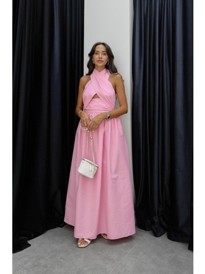 Havoş Pembe Criss Boyundan Bağlamalı Elbise