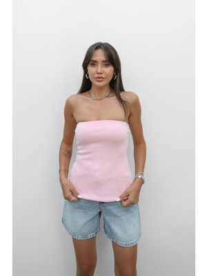 Havoş Pembe Dikiş Detaylı Straplez Bluz