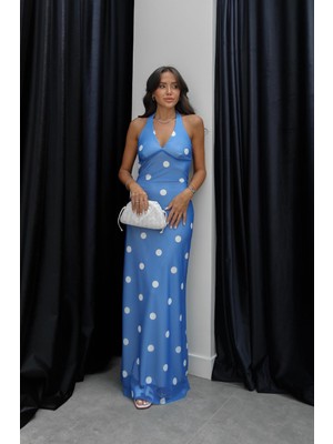 Havoş Mavi Boyun Sırt Bağlama Detaylı Puantiyeli Elbise