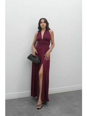 Havoş Mürdüm Boyundan Bağlamalı Elbise