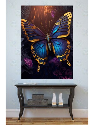 Mgi Design Altın ve Lacivert Kelebek Kanvas Tablo Modern Doğa Temalı Zarif Uv Baskı Dekoratif Duvar Sanatı