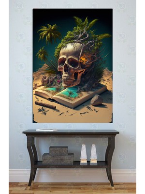 Mgi Design Fantastik Tropikal Ada ve Kitap Temalı Kuru Kafa Kanvas Tablo Dekoratif Pano