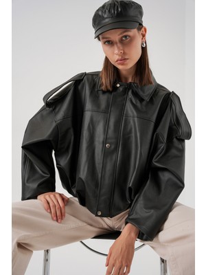 Bigdart Kadın Oversize Deri Ceket 1055 %50 Yün - %50 Akrilik Standart Kalıp Özellikleri ile Siyah