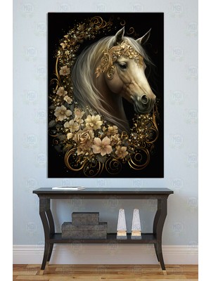 Mgi Design Altın Taçlı At ve Çiçekler Kanvas Tablo Lüks Dekorasyon Hayvan ve Çiçek Salon Ofis Duvar Pano