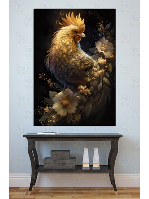 Mgi Design Altın Tüylü Horoz Kanvas Tablo Lüks Ev Dekoru Şans ve Bereket Modern Hayvan Teması