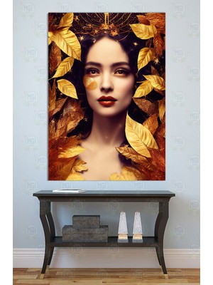 Mgi Design Altın Yapraklı Kadın Portresi Kanvas Tablo Lüks Sonbahar Modern Duvar Dekoru Salon Ofis