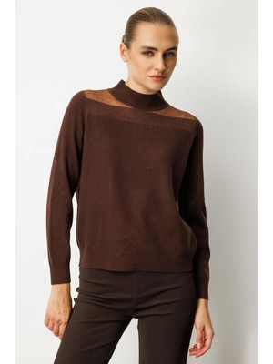 On Triko Yakası Tül Detaylı Taşlı Triko Kazak 60343