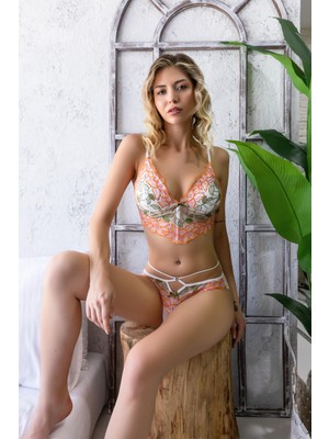 Lingra Ekru Çiçekli Bralet Sütyen ve Slip Külot Takım