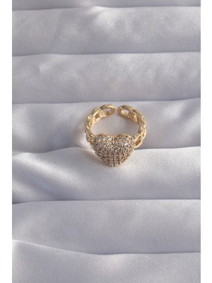 Pirinç Ayarlamalı Gold Renk Zirkon Taşlı Bombeli Kalp Yüzük - Lisinya