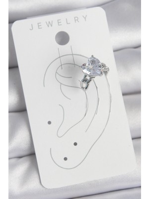 Pirinç Gümüş Renk Zirkon Taşlı Kalp Model Kadın Kıkırdak Küpe - Lisinya