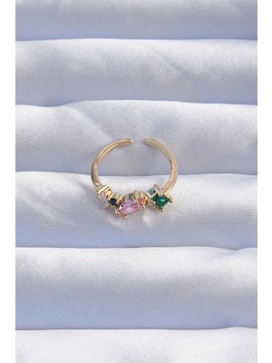 Pirinç Gold Renk Renkli Zirkon Taşlı Ayarlanabilir Yüzük - Lisinya