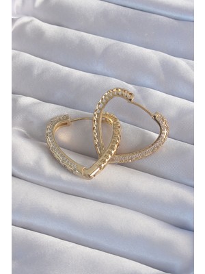 Pirinç Gold Renk Zirkon Taşlı Motifli Kalp Küpe - Lisinya