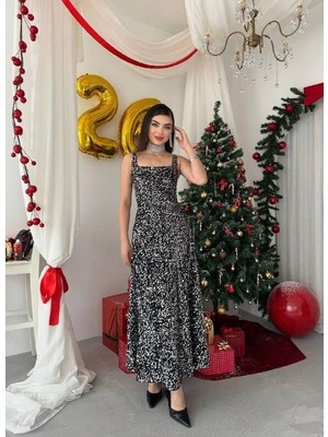 Nils Butik Pul Payetli Kare Yaka Uzun Abiye Elbise - Işıltılı Davet Elbisesi