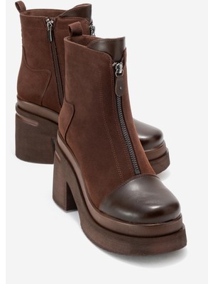 Anett Kahverengi Cilt-Süet Fermuarlı Kadın Platform Topuklu Bot