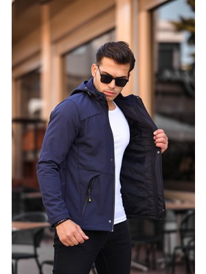 Gm Giyimarket Erkek Mavi Kapüşonlu Softshell Su ve Rüzgar Geçirmez Içi Kürklü Mont