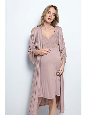 Monamise Dantelli Hamile Lohusa Sabahlık Takımı Kadın V Yaka Vizon Renkli Askılı Tasarım