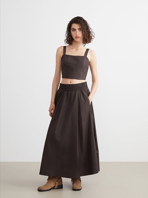 LC Waikiki Xsıde Kahverengi Beli Lastikli Poplin Kloş Etek