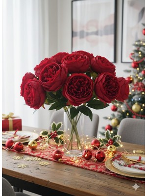 Yasima YASİMA 10 Kafalı Kırmızı İngiliz Gülü %100 Polyester Materyal ile Modern Dekorasyon İçin