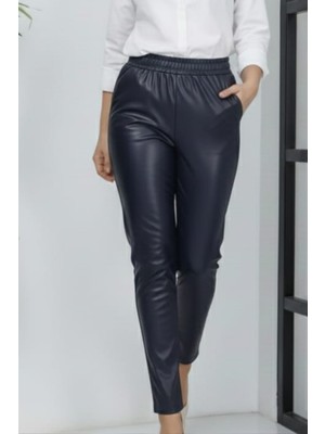 Kadın Beli Lastikli Cepli Deri Lacivert Pantolon