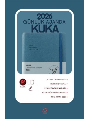 Victoria's Journals Kuka 2026 Günlük Ajanda A5 (14X20,5CM)  Ivory  80 Gsm 416 Sayfa. Esnek Kapak. Renkli Kenar.lastikli. Cepli.kalem Yeri.açık Mavi