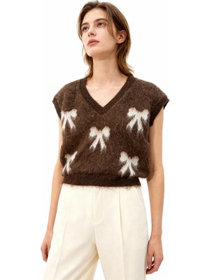 Rays Acı Kahve V Yaka Fiyonk Desenli Kadın Süveter 2411