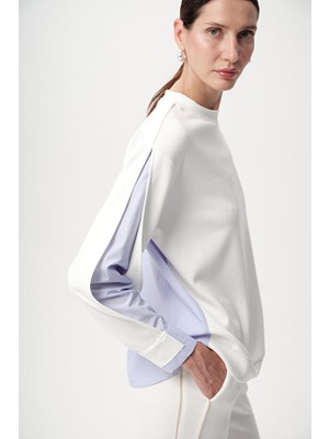 Allyco Kolu Gömlek Detaylı Örme Ekru Mavi Sweatshirt