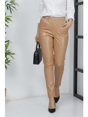 Kadın Beli Lastikli Cepli Deri Bej Pantolon