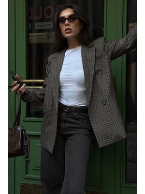 Madmext Kahverengi Kareli Kadın Blazer Ceket MG2624