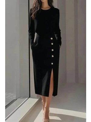 Mareandpanda Kadın Uzun Kollu Bisiklet Yakalı Yandan Yırtmaçlı Düğmeli Midi Ithal Krep Elbise