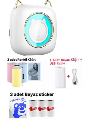 Schulzz Mini Cep Termal Yazıcı Beyaz Kedili, 3adet Beyaz, 3adet Renkli Rulo Hediyeli