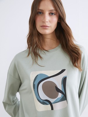 LC Waikiki Basic Gri Baskılı Oversize Kadın Sweatshirt Tunik