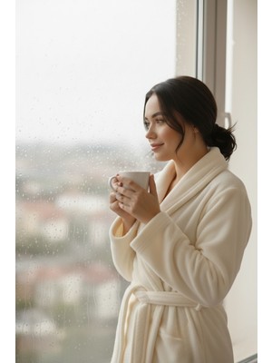 Mislina Home Lumor Şal Yaka Wellsoft Peluş Yumuşak Sabahlık L/XL  | Krem