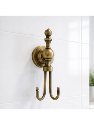 Badem10 Lüks Ikili Askılık Antik Sarı Eskitme Gold Metal Duvar Tipi Havlu Bornoz Elbise Askısı