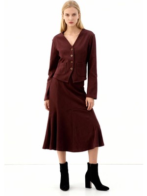 Rays Mürdüm Cepli Düğmeli Hırka ve Uzun Etek Takım 3109A