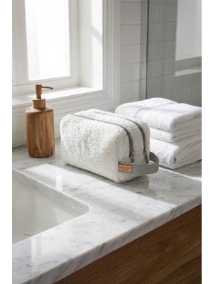 Hamur Fluffy Fermuarlı XL İki Bölmeli Makyaj ve Kozmetik Bakım Çantası Teddy Seyahat Organizeri Gri