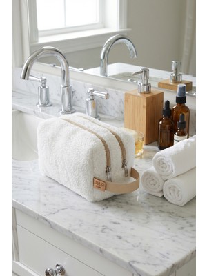 Hamur Fluffy Fermuarlı XL İki Bölmeli Makyaj ve Kozmetik Bakım Çantası Teddy Seyahat Organizeri Bej